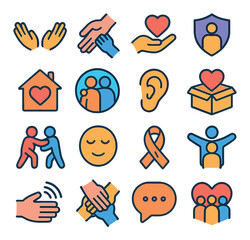 Support icon collection. simple assistance symbols: heart, handshake, ear, ribbon, chat, team