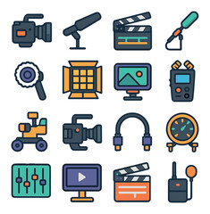 Video gear icon collection: simple linear camera, film, microphone, clapper, lens