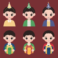 Cute Cartoon Boys Avatar with Party Hats and Holding Gift Box Collection
