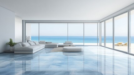 Bright, minimalist living room with an ocean view and polished blue marble floor