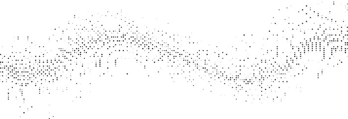 Abstract wave pattern formed by varying densities of black dots on a white background