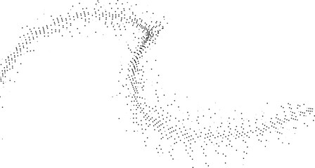 Abstract flowing wave pattern composed of numerous small black dots on a white background