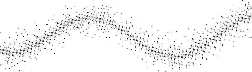 A dynamic, abstract composition features a wavy line created by a dense scattering of small black dots against a clean white backdrop, suggesting movement and data.