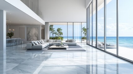 Bright, modern living room with ocean view and sleek furniture, glossy marbled floor