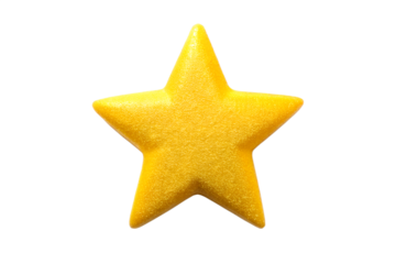 Photo of a single yellow star with a sparkling glitter texture, isolated on a transparent background