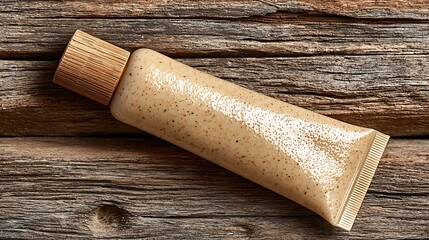 Chic beige skincare tube on textured wood backdrop  
