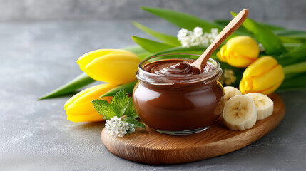 Chocolate Spread in Jar with Yellow Tulips and Sliced Bananas on Wooden Board