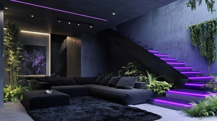 Modern interior with dark gray walls, black sectional, and purple illuminated stairs