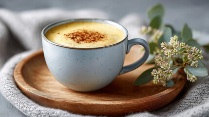 Obraz premium Golden Beverage in Blue Mug on Wooden Tray