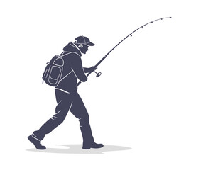 Silhouette of a Fisherman with Backpack Fishing