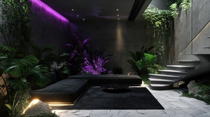 Modern minimalist interior features black sectional, plants, stairs, and violet accent lighting