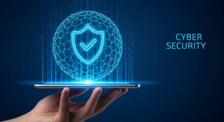 A glowing shield with a checkmark hovers above a mobile phone, representing cybersecurity