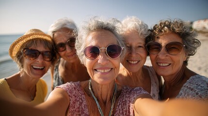 Radiant smiles of five senior women capturing sunny beach memories with a joyful selfie, friendship and happiness.