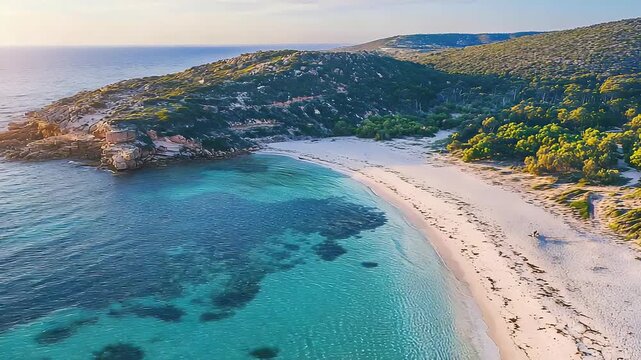 Aerial view of tropical beach near Luh Island with turquoise water and lush forest
