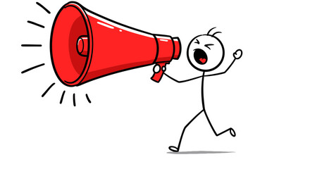 Stick figure shouting into megaphone announcement communication marketing public relations concept on transparent background