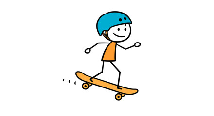 Stick figure skateboarding cartoon illustration with helmet for kids skateboarding lessons and safety tips on transparent background