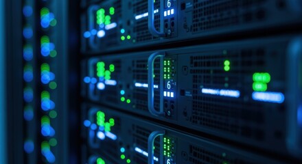 Obraz premium Server racks with blinking green and blue lights are storing and processing big data, ensuring internet connectivity and cloud computing services