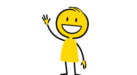 Yellow stick figure waving hand illustration vector graphic design character art cheerful happy person on transparent background