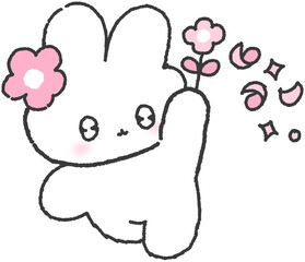꽃을 든 토끼 캐릭터 손그림 스티커 © titi.drawing