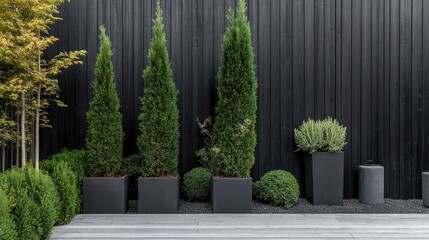 Serene garden features tall evergreens, rounded shrubs, dark fence, and wooden ground