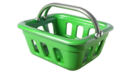 Fototapeta premium Shiny green plastic shopping basket with a metallic handle isolated on a black background