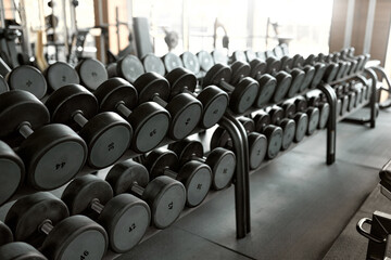 Close-up of neatly organized dumbbells in a modern fitness gym. Emphasizes discipline, strength...