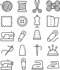 Sewing line icon set. Handicraft, knitting, sewing, tailor, fabric, threads, sewing machine, needle, pattern, mannequin and more. Outline vector icon in linear style. Pictogram collection