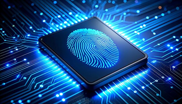 Fingerprint on a circuit board.  Digital security - Powered by Adobe