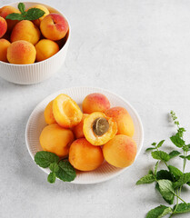 Apricot on white background. Sliced apricot, copy space