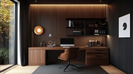 Warm, modern office features wood paneling, desk, chair, bookshelf and garden view