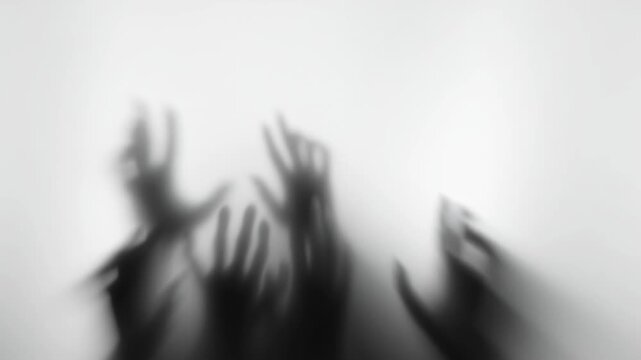 Silhouette of halloween zombie or ghost hands reaching out behind frosted glass