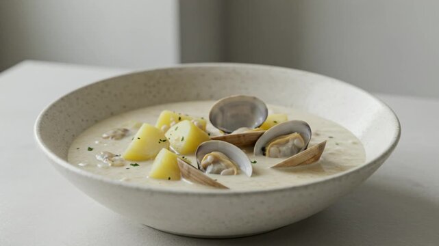 Bowl Clam Chowder With Clean Minimal Composition Focus Modern Bistro Vibe Relaxed Homey Setting