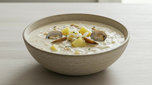 Bowl Clam Chowder With Clean Minimal Composition Focus Modern Bistro Vibe Relaxed Homey Setting