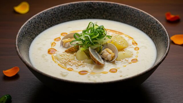 Bowl Clam Chowder With Clear And Crisp Midtones Asian Fusion Plating With Soft Shadow Gradients