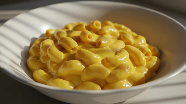 Bowl Creamy Mac And Cheese With Subtle Tilt Shift Blur Culinary Minimalism With Shadows From Window Blinds