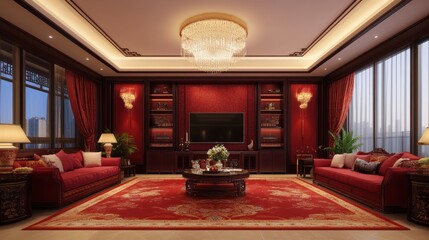 Opulent living room with red furniture, elegant decor, and warm lighting