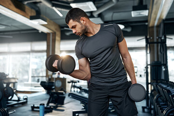 Young athletic man performing biceps curls with dumbbells in a modern gym. Strength and...