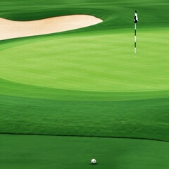 Golf course scene with sand trap, green, flag, and ball