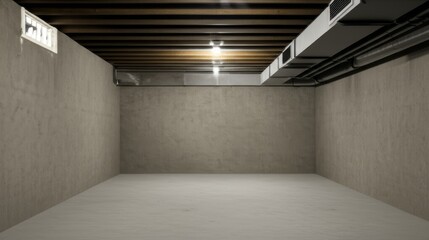 Obraz premium Empty unfinished basement with concrete walls and exposed ceiling beams