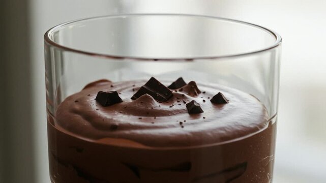 Chocolate Mousse Glass With Over Saturated Tones Floating Ingredients Look With Window Glare Background