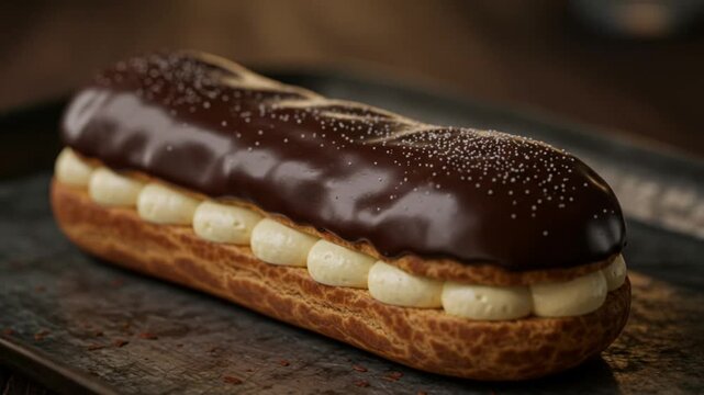Chocolate Covered Eclair Captured Cinematic Color Tones Rustic Homemade Aesthetic Tray With Subtle Texture