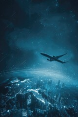Obraz premium Dark night flight over city, rain, stars