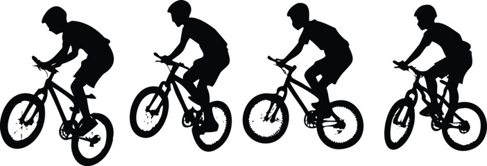 Boy Performing Bicycle Wheelie Silhouette, 4-Stage Vector Stunt Sequence