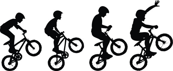Boy Performing Bicycle Wheelie Silhouette, 4-Stage Vector Stunt Sequence