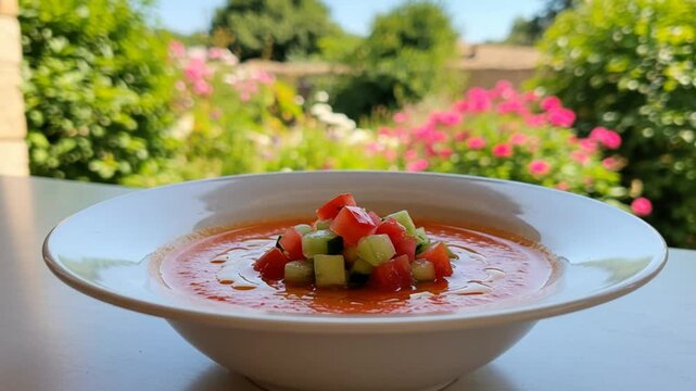 Fresh Gazpacho Soup With Clear Morning Light Neon Lit Street Food Style With View Sunny Garden