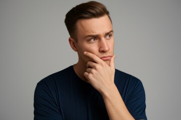 Man in deep thought with hand on face, looking aside