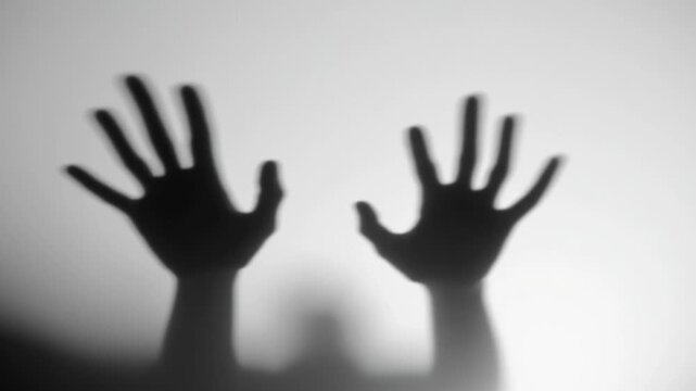 Silhouette of halloween zombie or ghost hands reaching out behind frosted glass