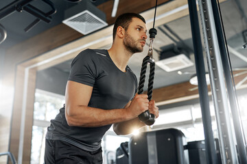 Young athletic man training triceps using rope attachment on cable machine in a modern gym. Intense...
