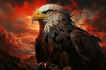 Fototapeta premium A powerful and proud eagle is depicted against a dramatic sunset sky with fiery red clouds. 