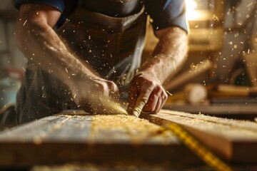 Woodworker Measuring Timber in Authentic Workshop Scene